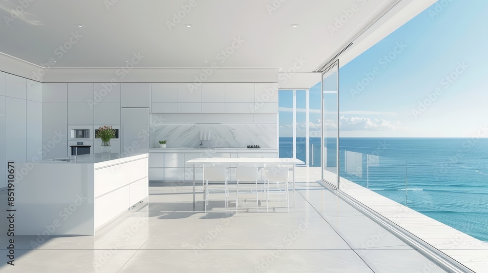 Curated visual reference: Fresh Look at Sleek White Kitchen In A Minimalist Luxury Apartment Panoramic Ocean