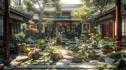 Wall Mural - Chinese Garden, courtyard. Generative AI.