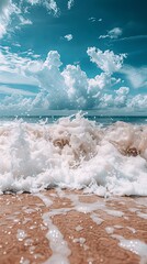 Wall Mural - A refreshing background of frothy sea waves crashing on a sandy shore under a bright sky