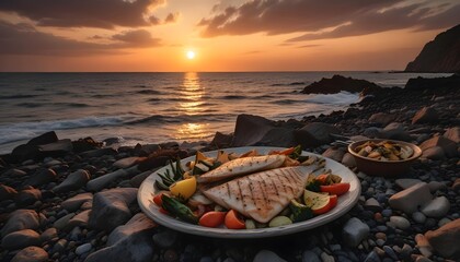 A plate of grilled fish and vegetables on a rocky beach at sunset