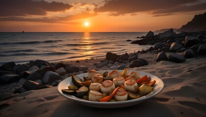 A platter of seared scallops and roasted vegetables on a sandy beach at sunset