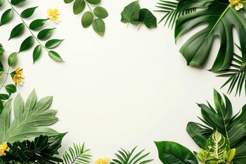 Tropical leaves and flowers on white background with copy space, flat lay, top view for travel, beauty, and fashion concept