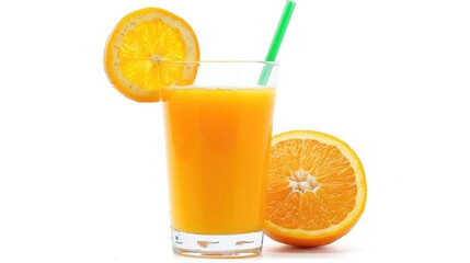 Wall Mural - Freshly squeezed orange juice without added sugar served in a glass with a green straw on a white background