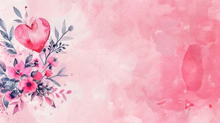 Pink Design. Romantic Valentine's Day Banner with Love Heart and Watercolor Flowers