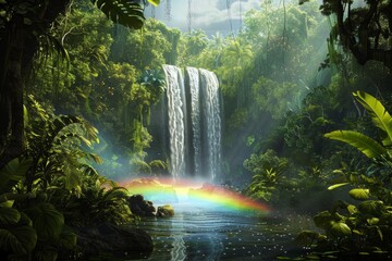 Wall Mural - Vibrant Waterfall with Rainbow in Misty Lush Greenery - Enchanting Nature Scene for Posters