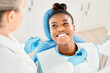 © peopleimages.com - Mirror, smile and woman with tools, dentist and happy for oral health, healthcare and dental hygiene. Teeth, mouth and results for wellness of person, specialist and exam for treatment of patient