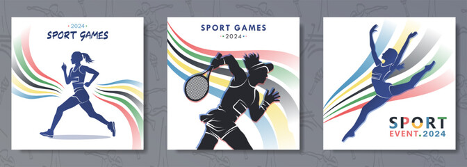 Set of posters with silhouettes of female tennis player, athlete woman in a race and gymnast girl against the Olympic colors wavy stripes background. 2024 sport games championship event in Paris 