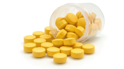 Wall Mural - Yellow pills in plastic container on white background