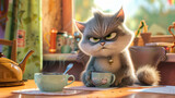 3D animated film style illustration, female cat in early morning, having a cup of coffee, grumpy face.
Angry cat, not liking early mornings. In need of coffee.
