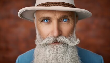 Wall Mural - A mature man with a thick, neatly trimmed gray beard wearing a stylish fedora hat. His eyes 