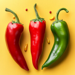 Wall Mural - Three peppers are shown in a row, with one green, one yellow, and one red.