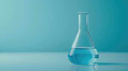 Wall Mural - Light blue liquid in conical flask on laboratory table Text space available