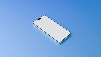 Wall Mural - Smartphone frame blank screen on blue background. 3d isometric illustration cell phone. Smartphone mock up on blue background. Template for infographics or presentation UI design interface.