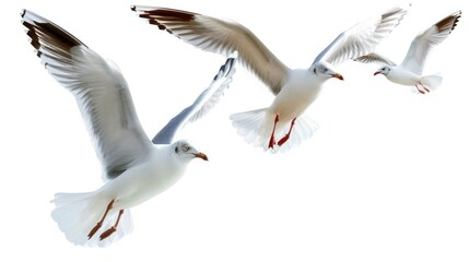 Seagulls Flying Isolated on White Background. Birds with Feather Wings Soaring Over the Sea