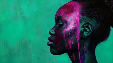 Wall Mural - Profile of a woman with face paint in vibrant colors on a green background. Studio portrait photography. Art and creativity concept. Design for poster, banner, print, and header.