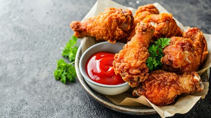 Wall Mural - various of fried chicken, with ketchup. copy space. national fried chicken day