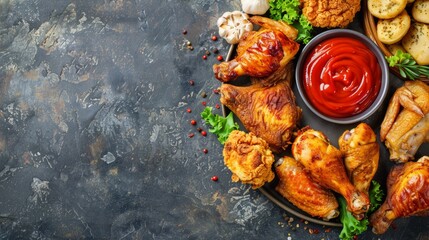 Wall Mural - various of fried chicken, with ketchup. copy space. national fried chicken day