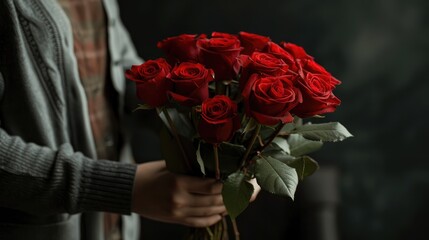 A man presents a beautiful bouquet of red roses to a woman in celebration of Women s Day and Saint Valentine s Day