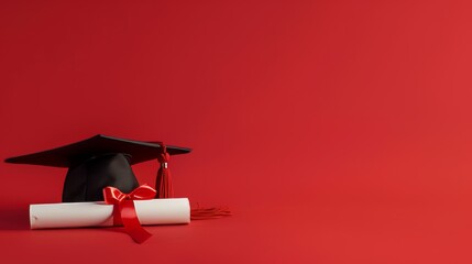 Black Graduation Cap and Diploma With Red Ribbon on Red Background
