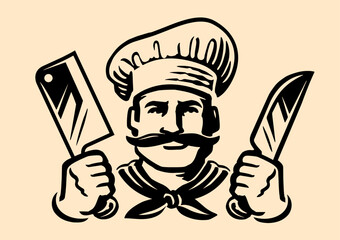 Sticker - Butcher shop emblem. Chef with knives. Male cook in hat logo vector illustration