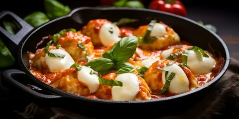 Wall Mural - Baked Gnocchi in Marinara Sauce with Mozzarella and Basil. Concept Italian Cuisine, Gnocchi Recipe, Marinara Sauce, Mozzarella Cheese, Basil Herb