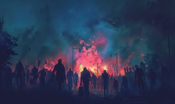 Zombie crowd walking at night, halloween concept,illustration painting