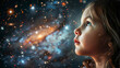 © Irina Ermakova - Portrait of little girl dreaming of seeing space and galaxies, as reflection of child mental health.Magic of traveling in Galaxy.Selective focus.Closeup.Generative AI