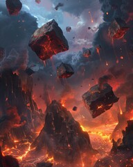 Wall Mural - Apocalyptic scene with floating rocks and flames, creating an ominous atmosphere 