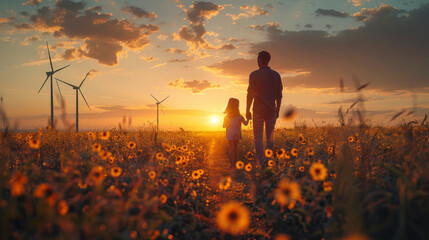 Wall Mural - Cinematic shot of carefree young father engineer keeping his daughter for hand and looking on windmill field at sunset. Concept of renewable energy, love for nature, family, electricity, green, future