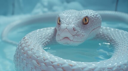Wall Mural -  A tight shot of a snake's head immersed in water, encircled by a ring at its neck
