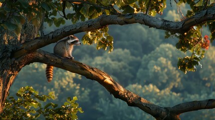 Wall Mural -  A raccoon atop a tree branch, amidst a forest teeming with numerous trees