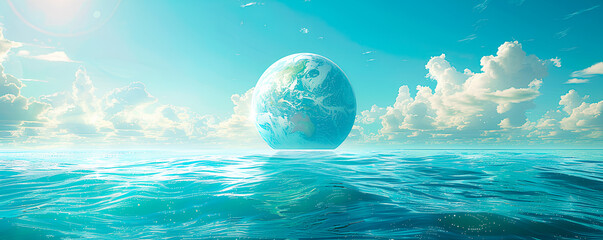 A blue planet floats in a calm ocean under a bright blue sky with white clouds