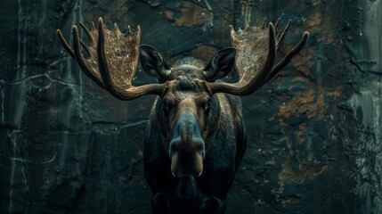 Wall Mural -  A tight shot of a moose's face, adorned with antlers atop its head, adjacent to a stony wall