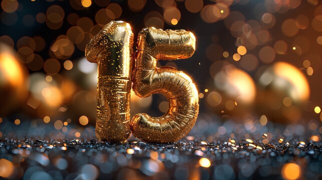 An elegant golden numeral on a black background with bokeh, glitter, and golden digits, digit fifteen, on a birthday greeting card. A banner at an anniversary celebration event.