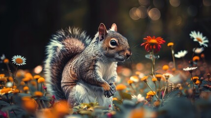 Wall Mural -  A squirrel stands atop flowers in a field, hind legs erect, against a backdrop of daisies