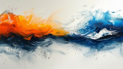 Wall Mural - Design of modern abstract oil painting with orange, gold, blue, and white colors on a black background.