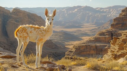 Wall Mural -  A llama stands in the midst of a desert, surrounded by towering mountains in the background