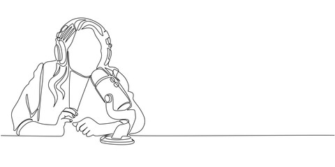 woman with over-ear headphones and professional microphone reads sheet of paper while sitting at table - one line art vector. concept to record podcast, live radio presenter