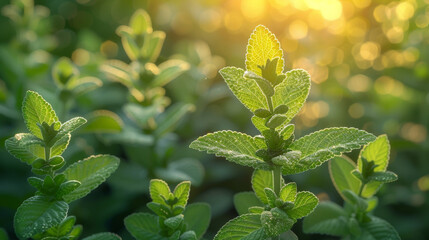 Canvas Print - Closeup of fresh green leaves of sage on blurred background against sunlight in nature.