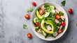 © DZMITRY - Salad of fresh vegetables with tomatoes, avocado, arugula, radish and seeds. Vegan food. Flat lay. Banner. Top view.