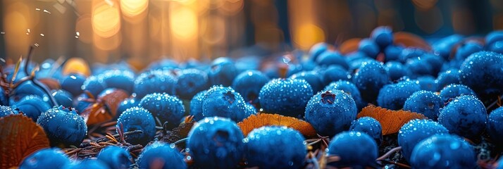 Wall Mural - A close up of blue berries with a few leaves on the ground