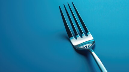 Wall Mural - Steel fork on blue background to represent dining and kitchenware concept