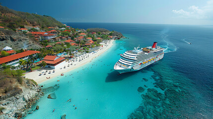 Canvas Print - A large cruise ship is docked at a beach