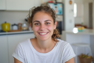 Poster - Smiling beautiful middle eastern young woman sitting at her home kitchen looking at the camera