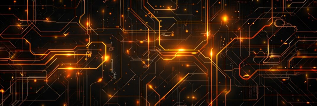 Dark tech web background with glowing orange lines forming abstract circuit patterns, giving a futuristic vibe