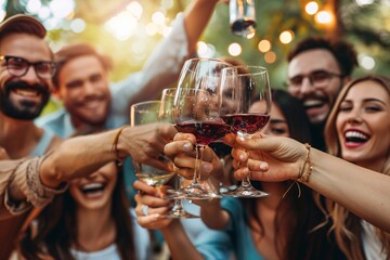 Friends enjoying a summer outdoor party, raising their glasses in a toast with wine