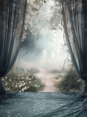 Wall Mural - Wide photography backdrop with grey curtains, pastel colors, misty landscape with white flowers and trees