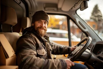 Bearded delivery man in a beanie sits in his van with a smile on his face