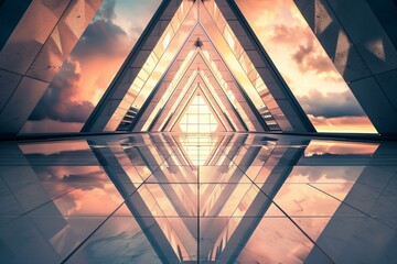 Symmetrical digital art depicting an abstract architectural structure with repeating triangular shapes, and a vibrant sky in the background.