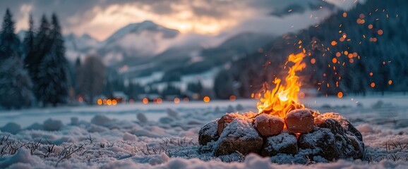 Wall Mural - A Beautiful Collage Showcased Campfire Scenes With Snowy Backgrounds, Highlighting The Beauty And Serenity Of Winter